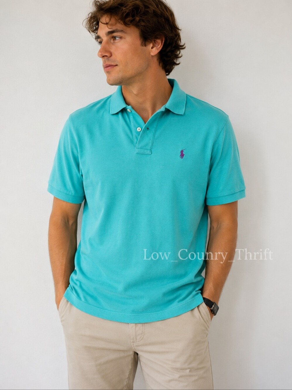 Polo Ralph Lauren Men's Medium Aqua Cotton Polo Shirt Purple Pony Stained